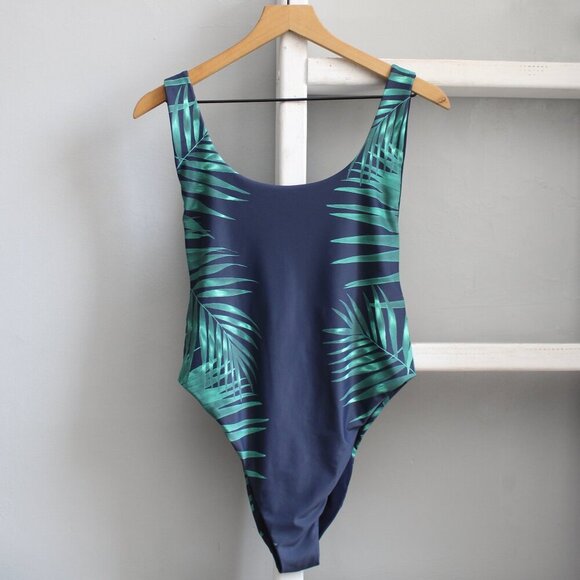 Aerie Navy Blue Green Palm Leaf Print Super Scoop Cheekiest One-Piece SZ Large - Picture 1 of 8